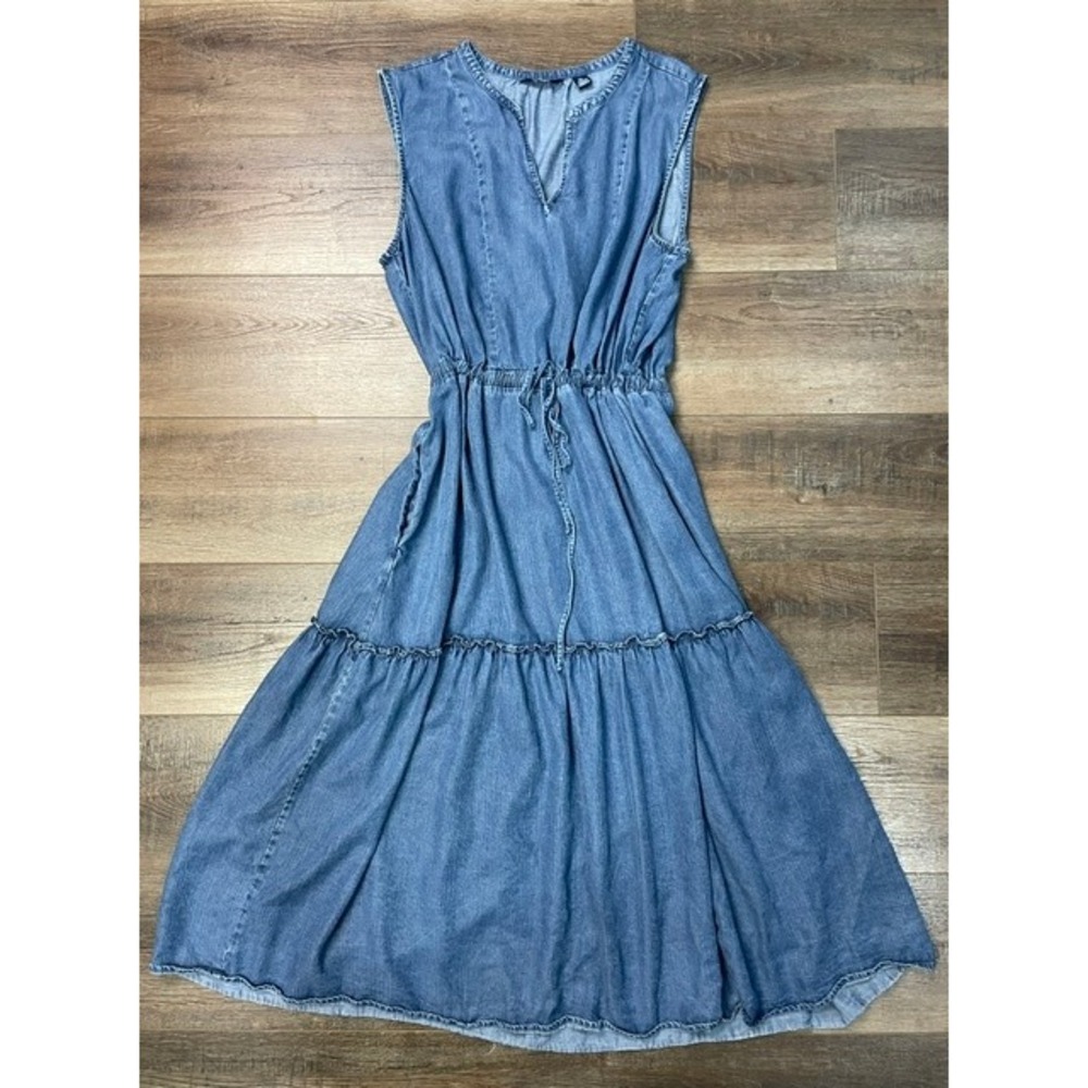 Lands' End Women's XL Blue Lyocell Tiered Sleeveless Denim Midi Dress Drawstring